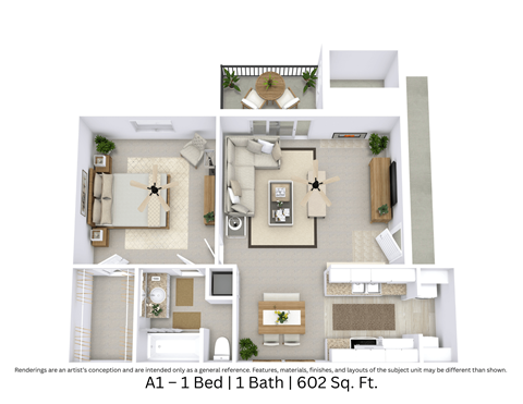 Floor plan for 1 bed, 1 bath, 602 sqft